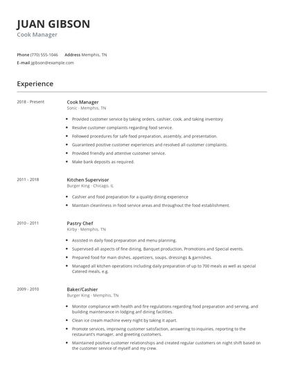 Cook Manager Resume
