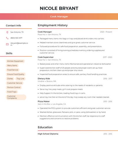 Cook Manager Resume