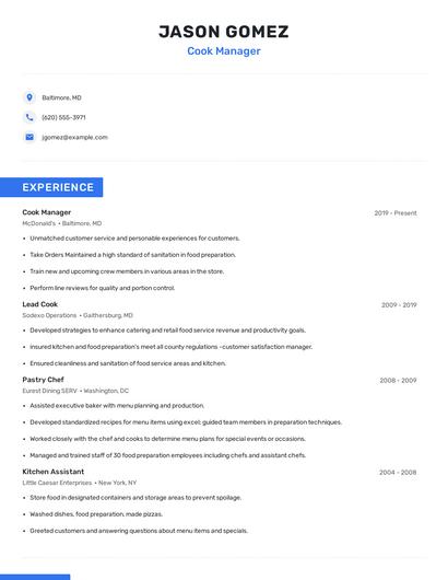 Cook Manager Resume
