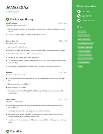 Cook Manager Resume