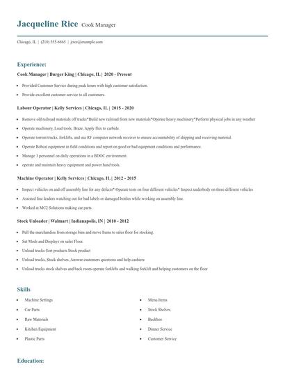 Cook Manager Resume