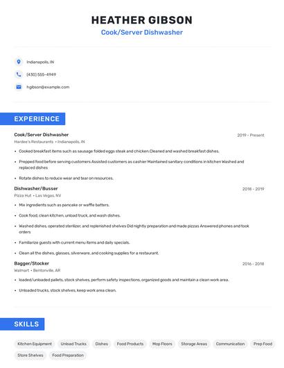 Cook/Server Dishwasher Resume