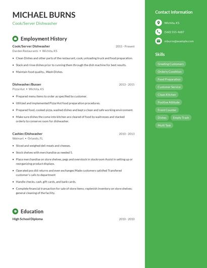 Cook/Server Dishwasher Resume