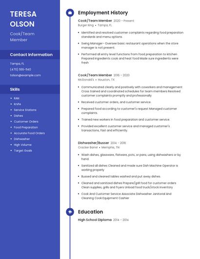 Cook/Team Member Resume
