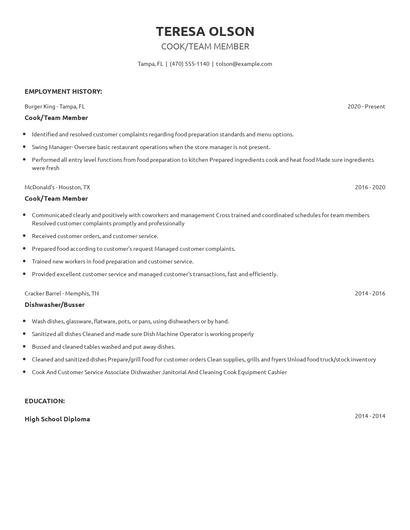 Cook/Team Member Resume