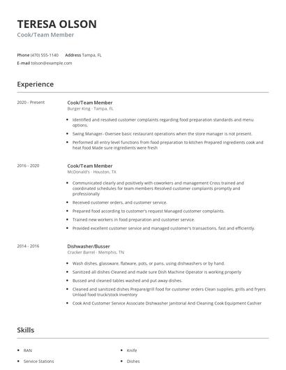 Cook/Team Member Resume