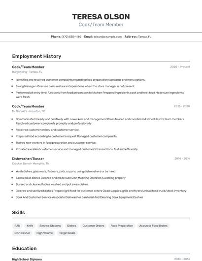 Cook/Team Member Resume