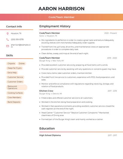 Cook/Team Member Resume