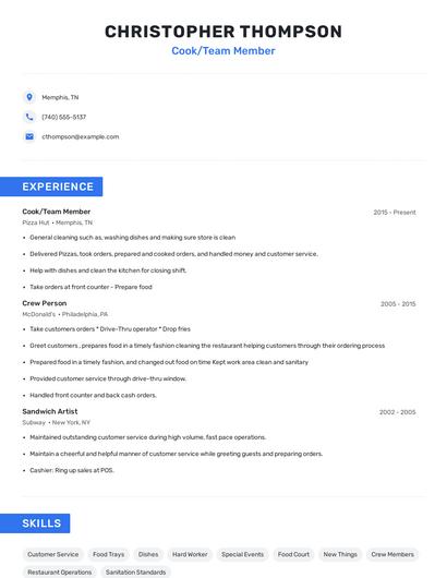 Cook/Team Member Resume