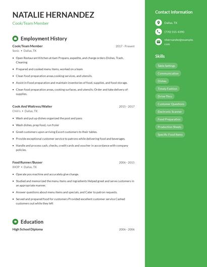 Cook/Team Member Resume