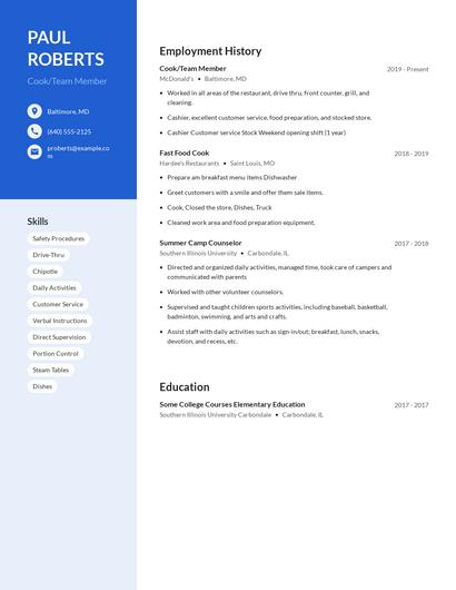 Cook/Team Member Resume