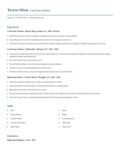 Cook/Team Member Resume