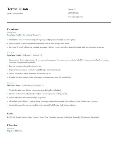 Cook/Team Member Resume