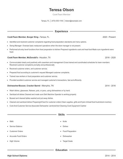 Cook/Team Member Resume