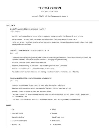 Cook/Team Member Resume