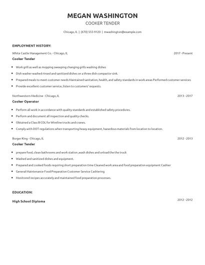 Cooker Tender Resume