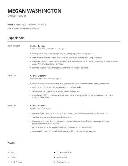 Cooker Tender Resume
