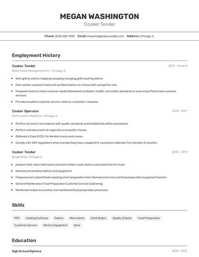 Cooker Tender Resume