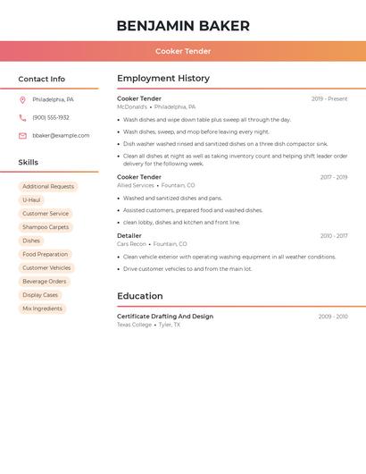 Cooker Tender Resume