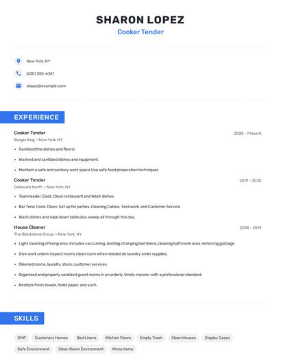 Cooker Tender Resume