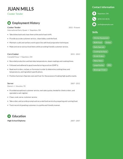 Cooker Tender Resume