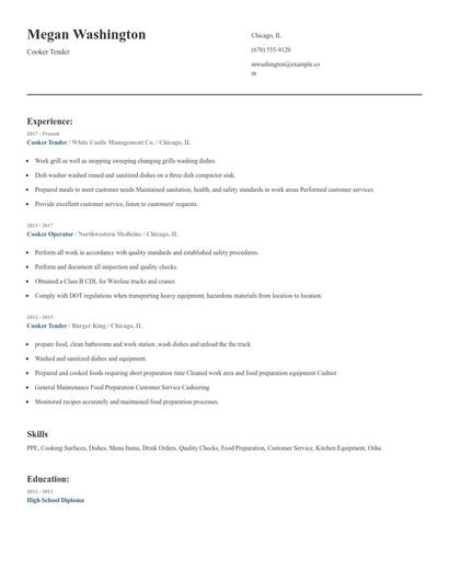 Cooker Tender Resume
