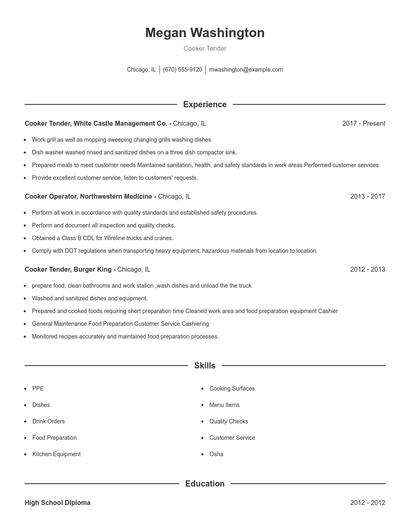 Cooker Tender Resume