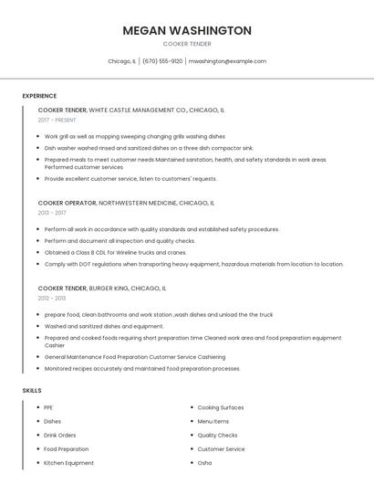 Cooker Tender Resume