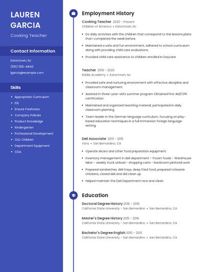 Cooking Teacher Resume