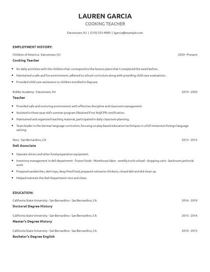 Cooking Teacher Resume