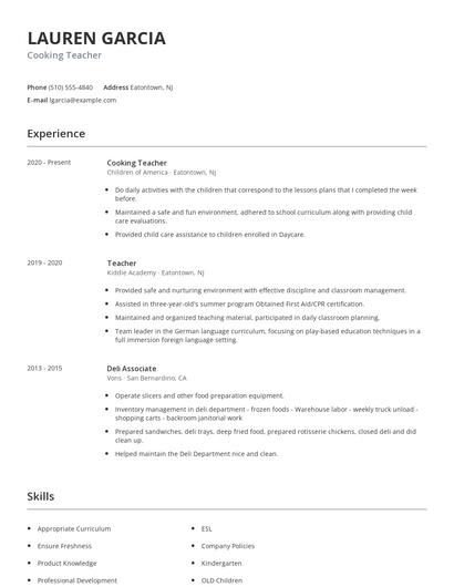 Cooking Teacher Resume