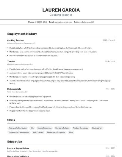 Cooking Teacher Resume