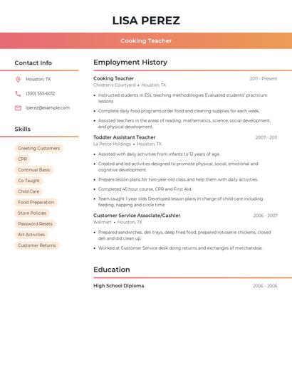 Cooking Teacher Resume
