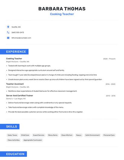 Cooking Teacher Resume