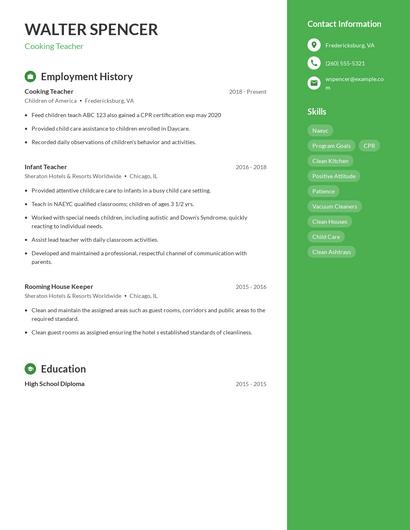 Cooking Teacher Resume
