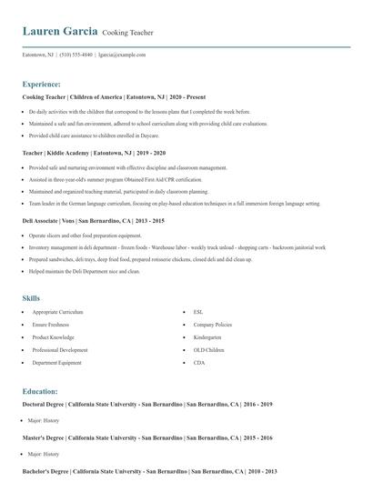 Cooking Teacher Resume