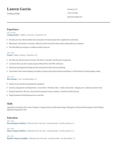 Cooking Teacher Resume