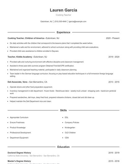 Cooking Teacher Resume