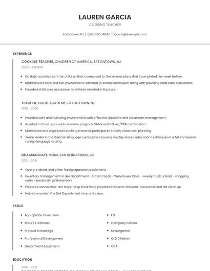 Cooking Teacher Resume