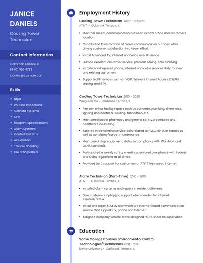 Cooling Tower Technician Resume