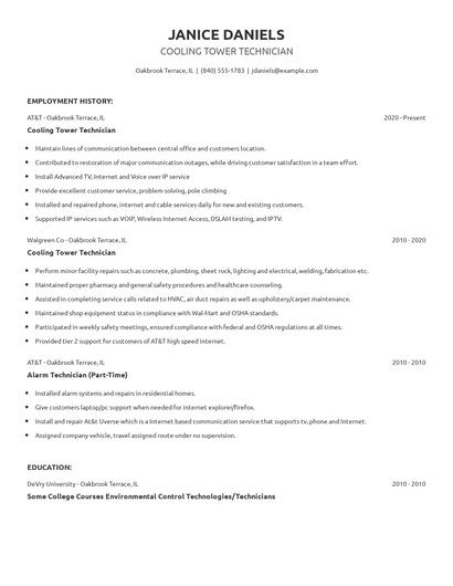 Cooling Tower Technician Resume