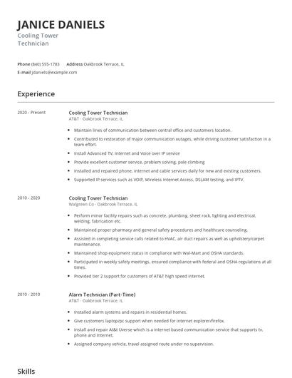 Cooling Tower Technician Resume