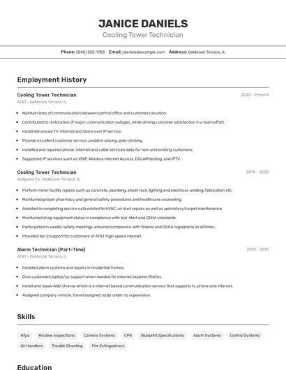 Cooling Tower Technician Resume