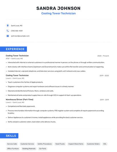 Cooling Tower Technician Resume