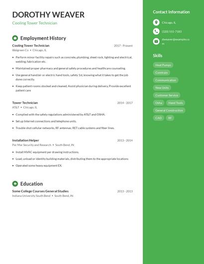 Cooling Tower Technician Resume