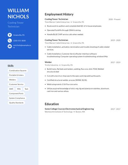 Cooling Tower Technician Resume