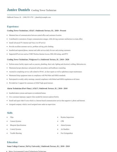 Cooling Tower Technician Resume