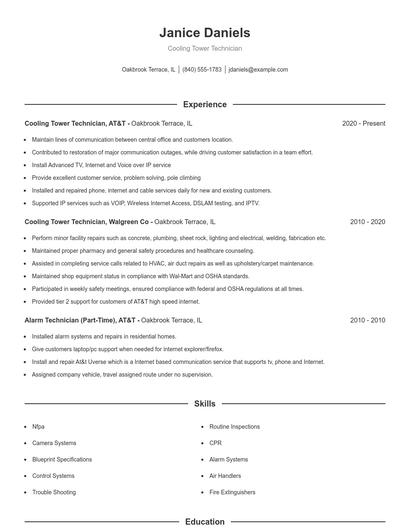 Cooling Tower Technician Resume