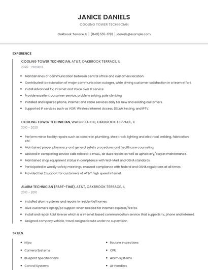 Cooling Tower Technician Resume