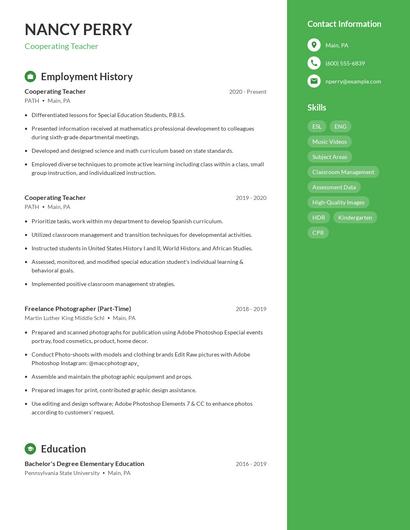 Cooperating Teacher Resume